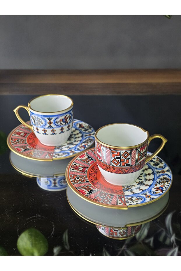 Handmade Porcelain Nora - Double Patterned Coffee Cup Set for 2 People