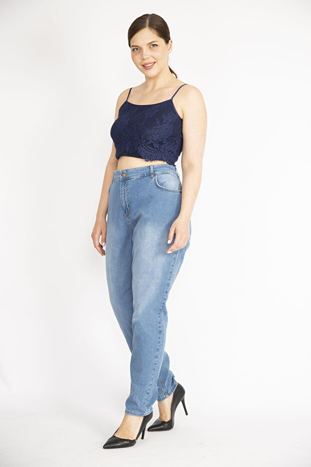 Women's Large Size Blue High Waist 5 Pocket Lycra Jeans 65N36990