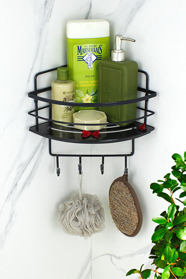 Black Shampoo Holder with Crystal Shelf and Stainless Lamas Adhesive Bathroom Organizer Corner Rack