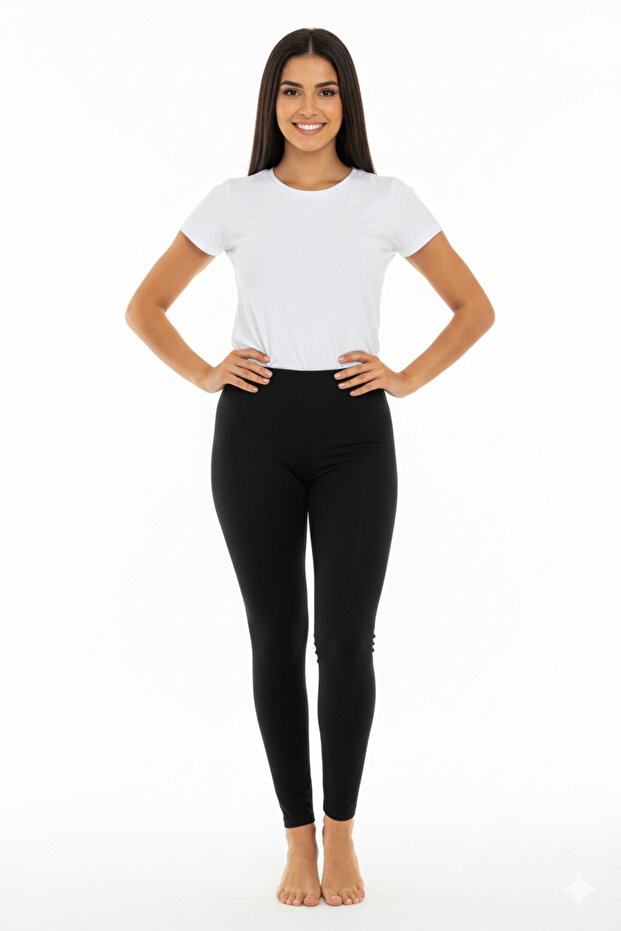 Women's Long Leggings Cotton Stretch Fabric High Waist Black Combed Organic
