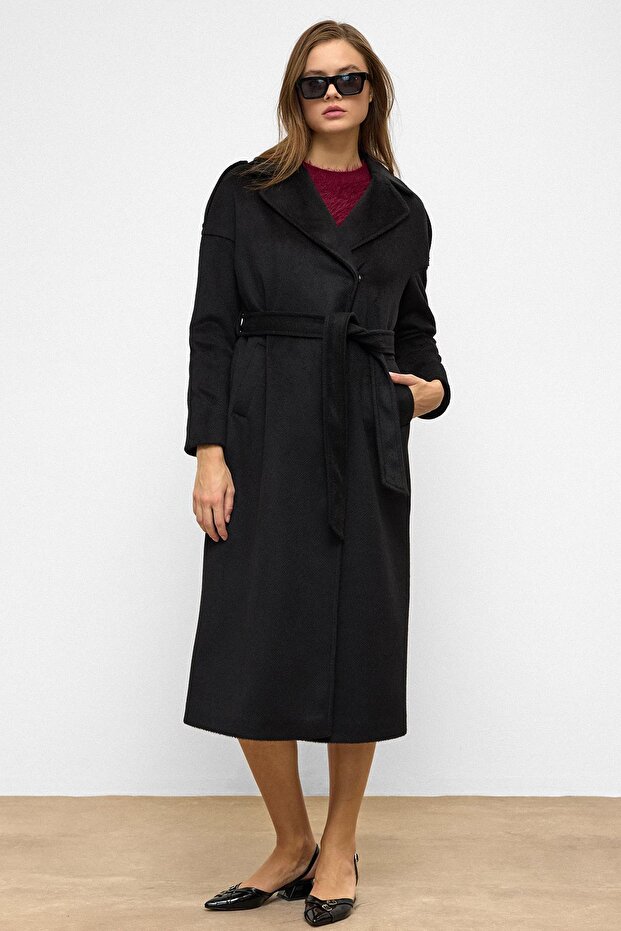 Epaulet Detailed Snap Closure Oversize Moher Coat Black 3147