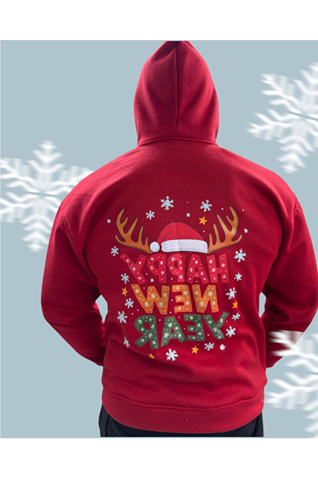 Unisex Hooded Oversized Printed Sweatshirt – Happy New Year with Reindeer Antlers and New Year's Writing