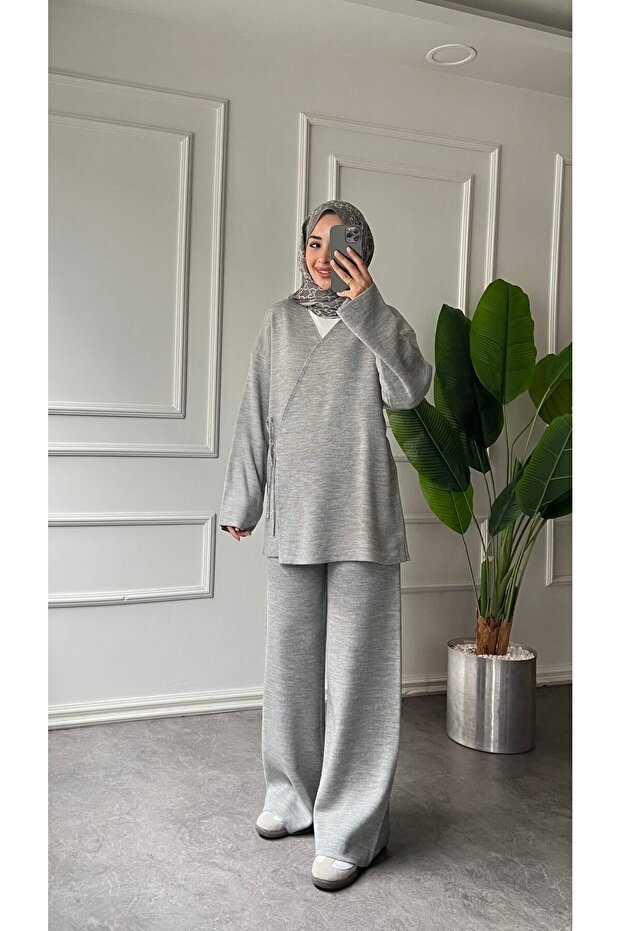 Women's Side Tie Knitwear Hijab Set - Gray