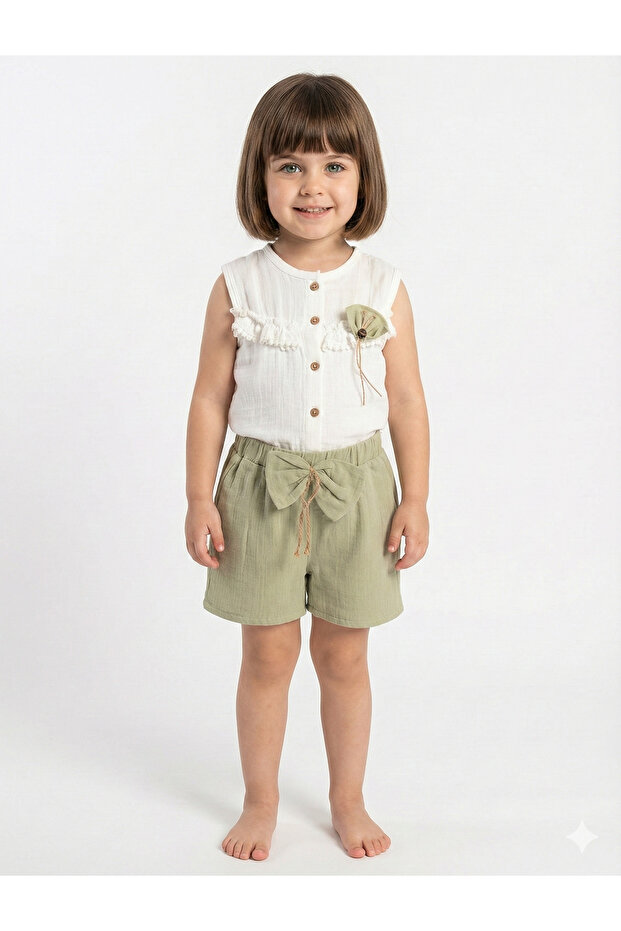Girl's Set with Ruffle Detailed Muslin Shorts - 100% Cotton Breathable - (2-3-4-5 Years Old)