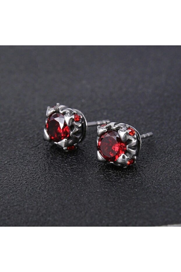 Red Zircon Stone Biker Gothic Men's 316L Steel Earrings (Pair)
