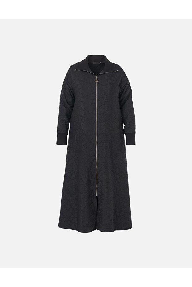 Embossed Pattern Mock Neck Coat Black - 1