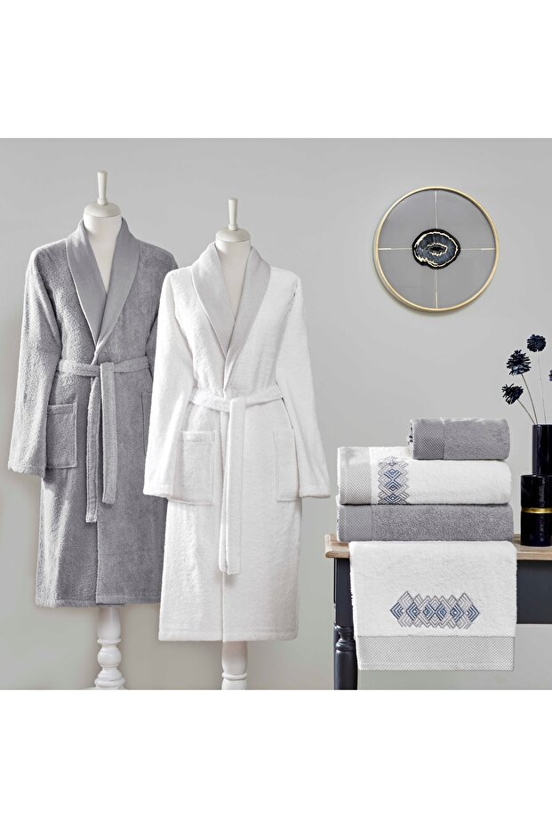 Depth Pure Cotton Cotton Family Bathrobe Set White Gray