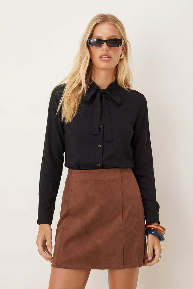Women's Black Collar Tied Patterned Shirt Arm-20K001150