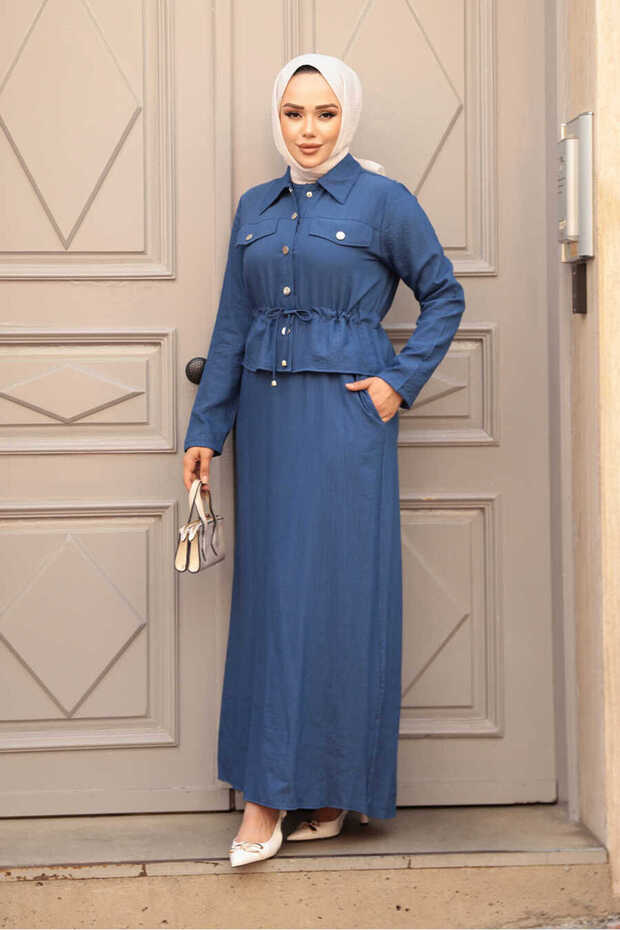 Indigo Blue Hijab Dress with Jacket Double Set 44651Im