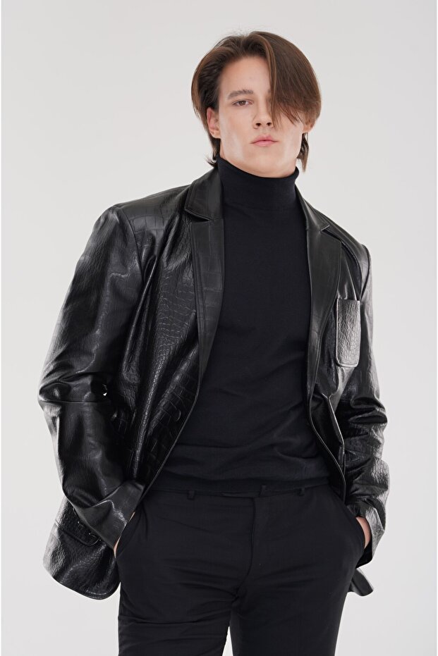 TİMSAH BASKILI DERİ BLAZER - 4