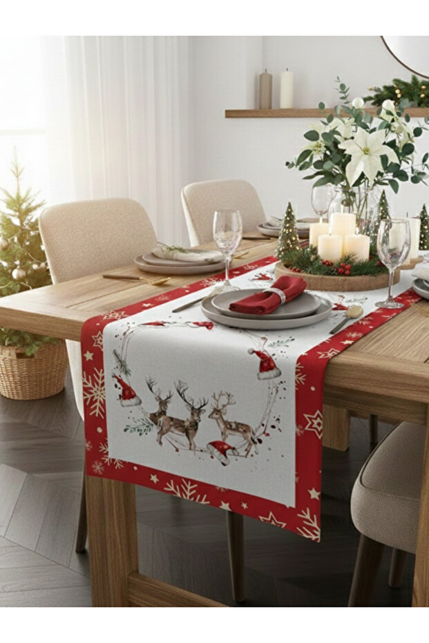 New Year Christmas Themed Deer 40X140 cm Velvet Runner