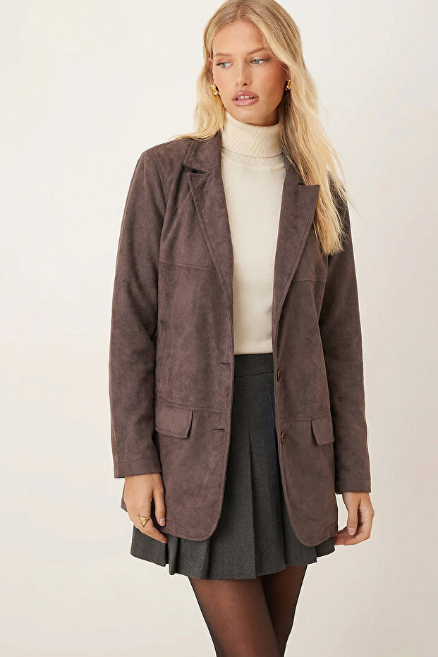 Women's Dark Brown Collar Pocket Flap Button Padded Premium Suede Oversize Jacket Arm-25K 001057