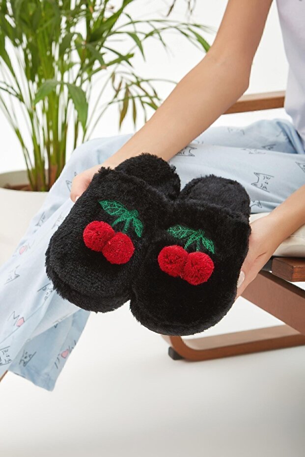 Black Silent Sole Cherry Women's House Slippers Furry Winter Slippers Guest Slippers