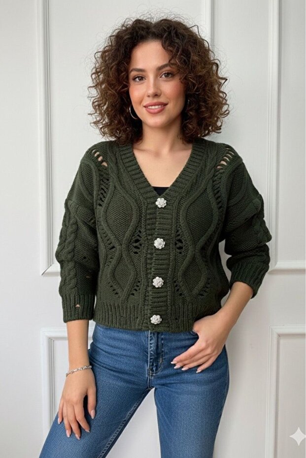Khaki Color Knitted Shirt with Stone Button Detail Key36629