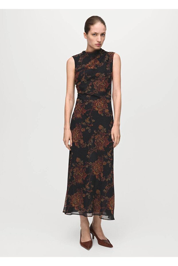 Çiçek desenli drape elbise - 2