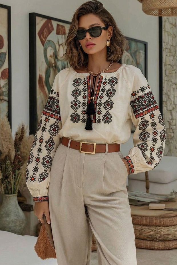 Women's Beige Tasseled Collared Balloon Sleeve Embroidered Cotton Blouse