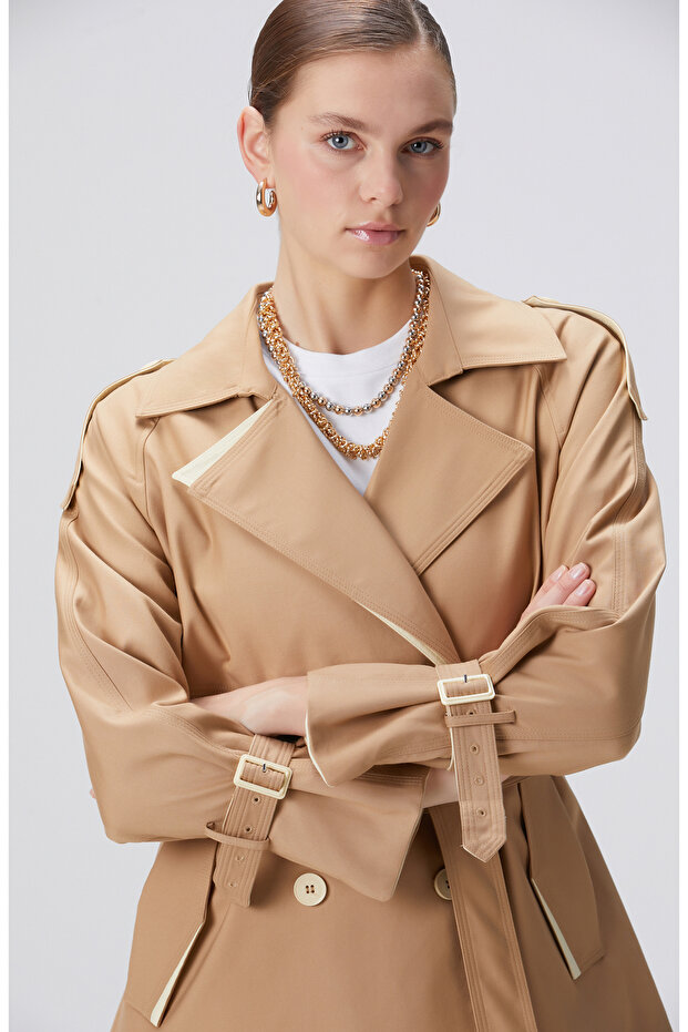 Bej Kruvaze Trench Coat - 2