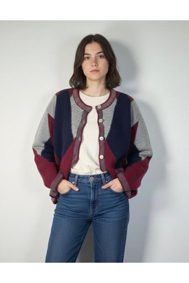 Women's Popular Oversized Pocketless Furry Argyle Pattern Trendy Cardigan (Burgundy)