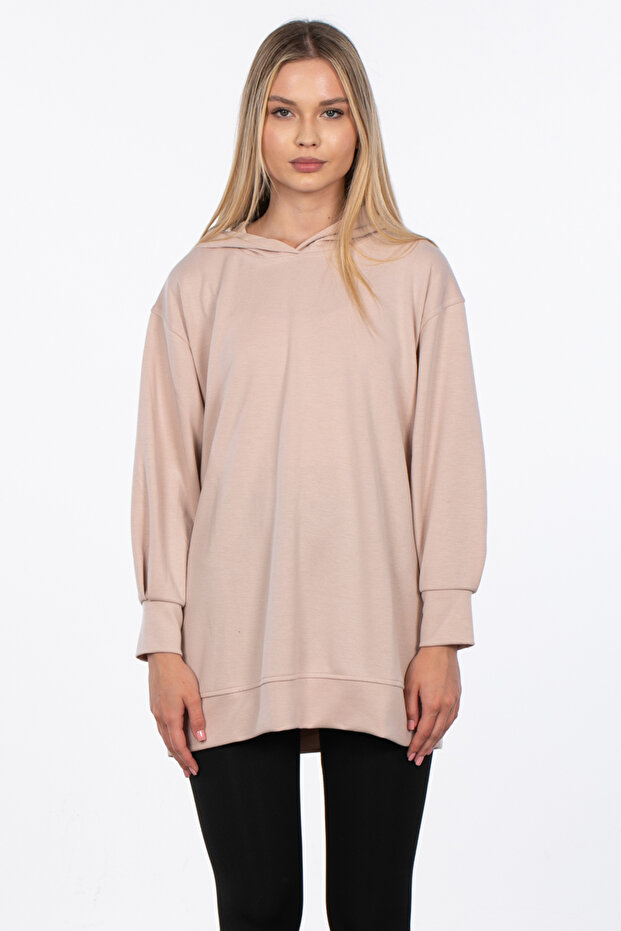 Basic Kapüşonlu Sweatshirt - Bej - 4