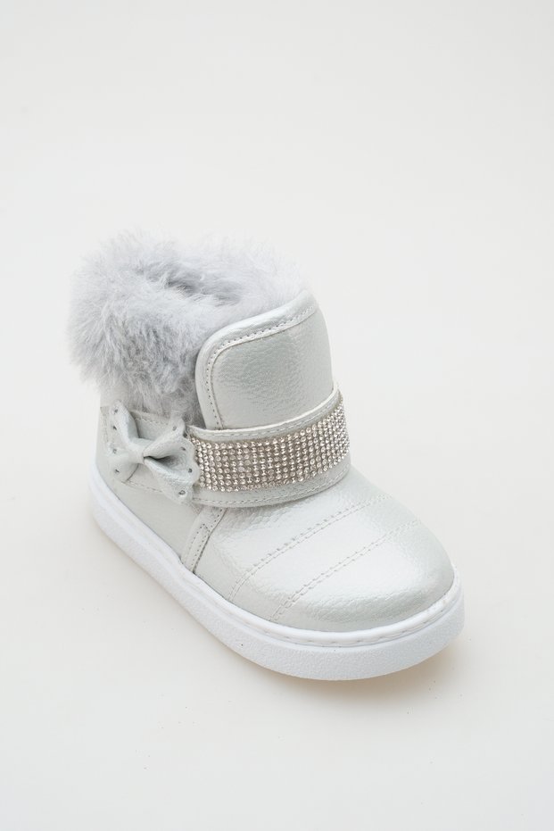 Girl's Fur-Lined and Stone-Embellished Silver Light Sole Orthopedic Silver Boots (Size 22-30)