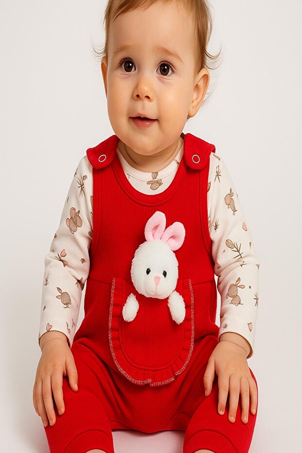 Baby Girl Romper Set with Toy Rabbit and Snap Fasteners, 2-Piece Romper Set – Bodysuit and Romper | 3-6-9 Months