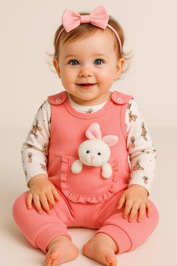 Baby Girl Romper Set with Toy Rabbit and Snap Fasteners, 2-Piece Romper Set – Bodysuit and Romper | 3-6-9 Months