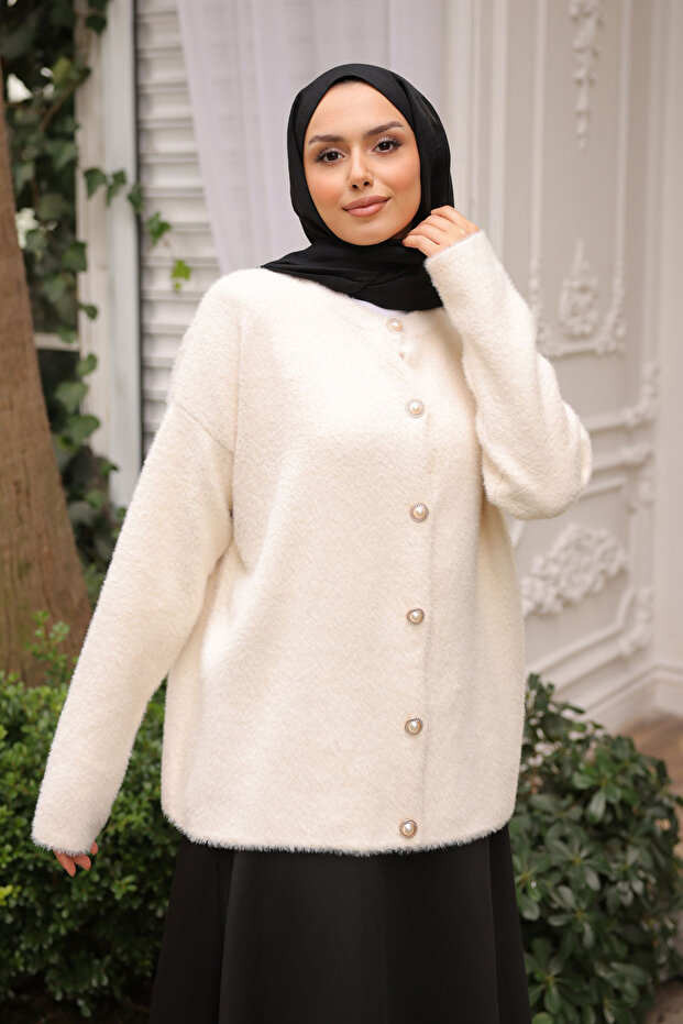 Cream Crew Neck Angora Soft Cardigan