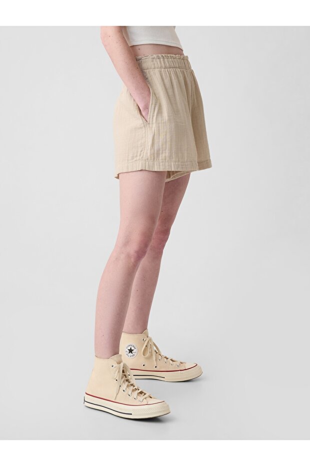 Kadın Bej Crinkle Gauze Pull-On Şort - 7