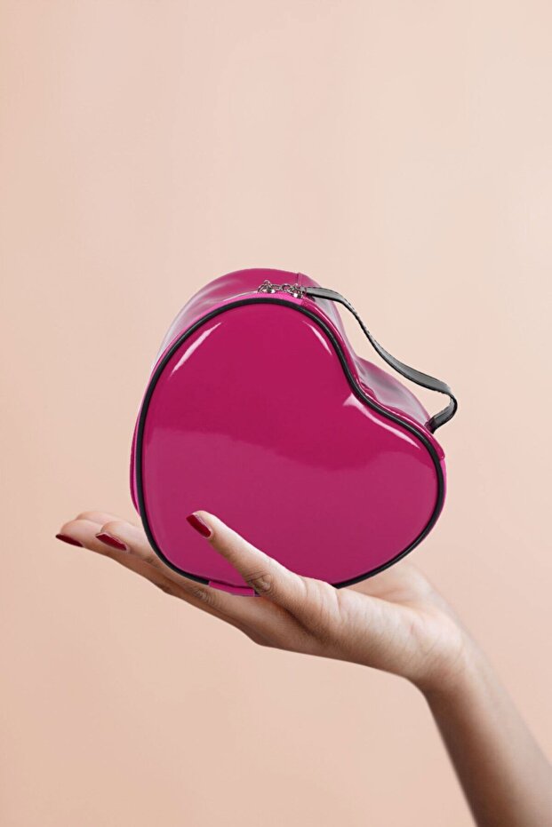 Mayki̇s Small Fuchsia Heart Leather Travel, Cosmetic, Makeup Bag