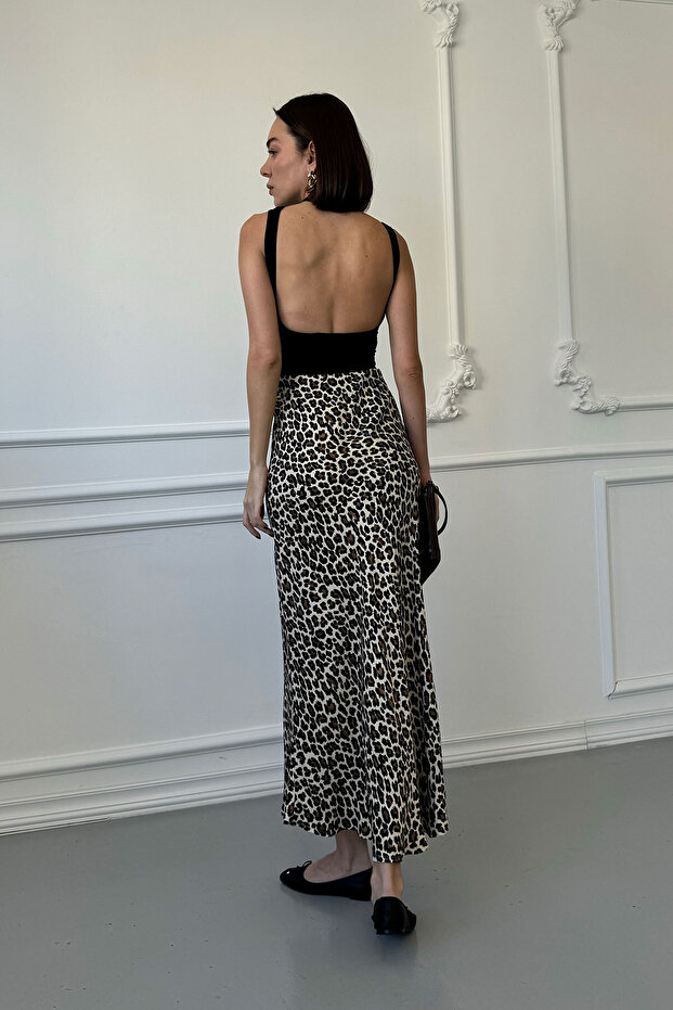 Fusta Midi din Satin Leopard Bej - 5