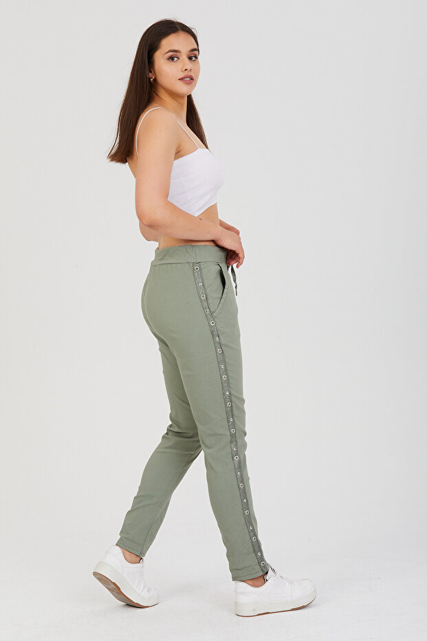 Women's Khaki Italian Lycra Pants with Stripes on the Sides