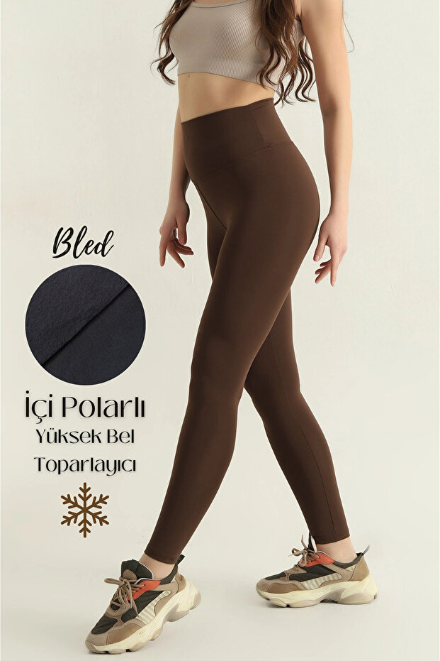 Premium Fleece Inside, Fleece-Lined , Diving Fabric, Shaping / Sculpting Interlock Winter Knitted Brown Leggings