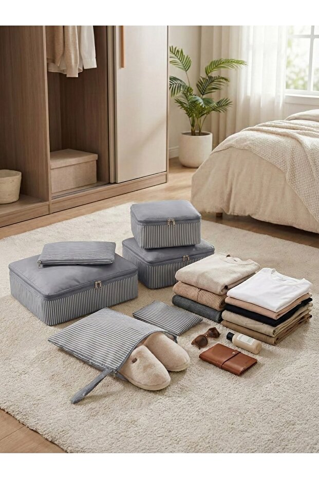 Set of 6 Gray Line Patterned Luggage Suitcase Organizer Set Travel Storage Bag Makeup Organizer Set