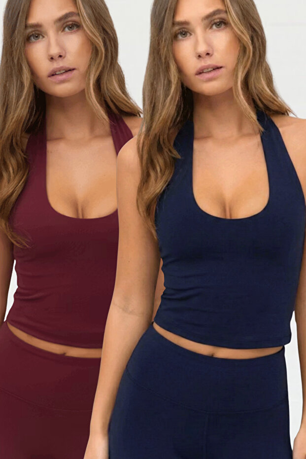 Dark Burgundy Navy Blue 2-Piece 95% Cotton Halter Neck Double Layer Crop Top Body