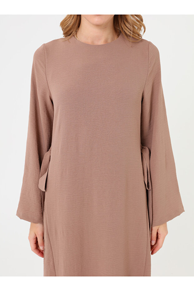 Bağlama Detaylı Basic Tesettür Elbise - Vizon - - 5