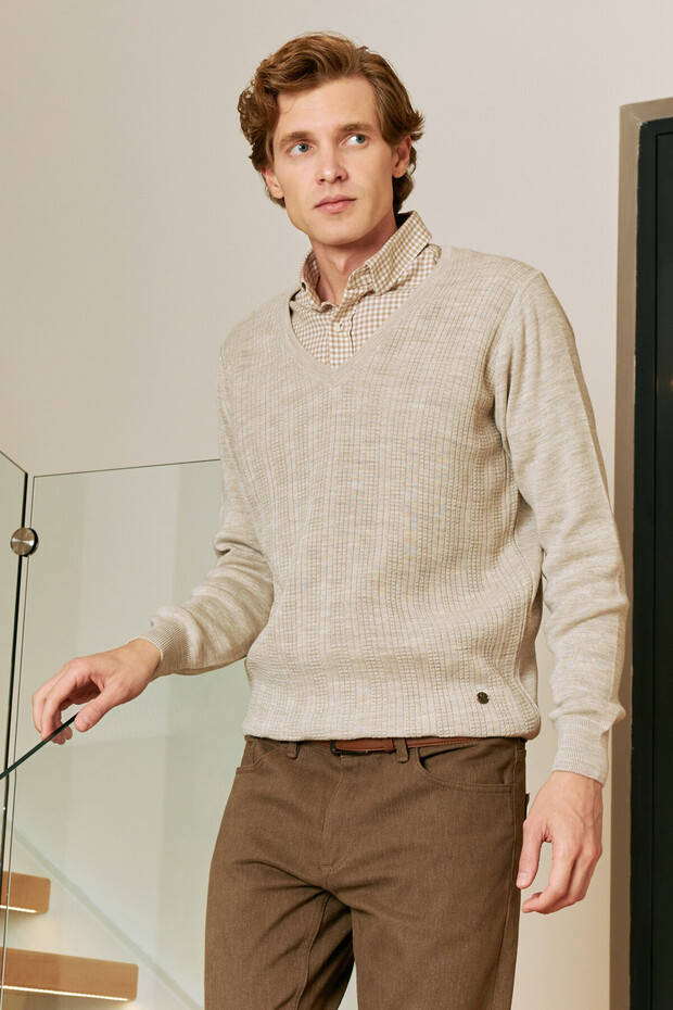 Men's V-Neck Knitwear Stone Sweater Steel Knit Patterned Classic Fit - 5209D