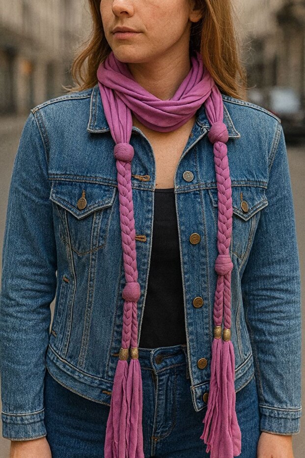 200X30 cm Knitted and Beaded Combed Cotton Scarf Neck Tie Pink