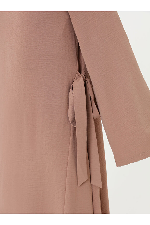 Bağlama Detaylı Basic Tesettür Elbise - Vizon - - 4