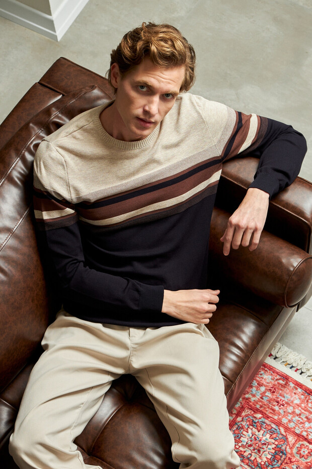 Men's Crew Neck Beige Sweater Knitwear Colorful Stripe Pattern Classic Fit - 5246C