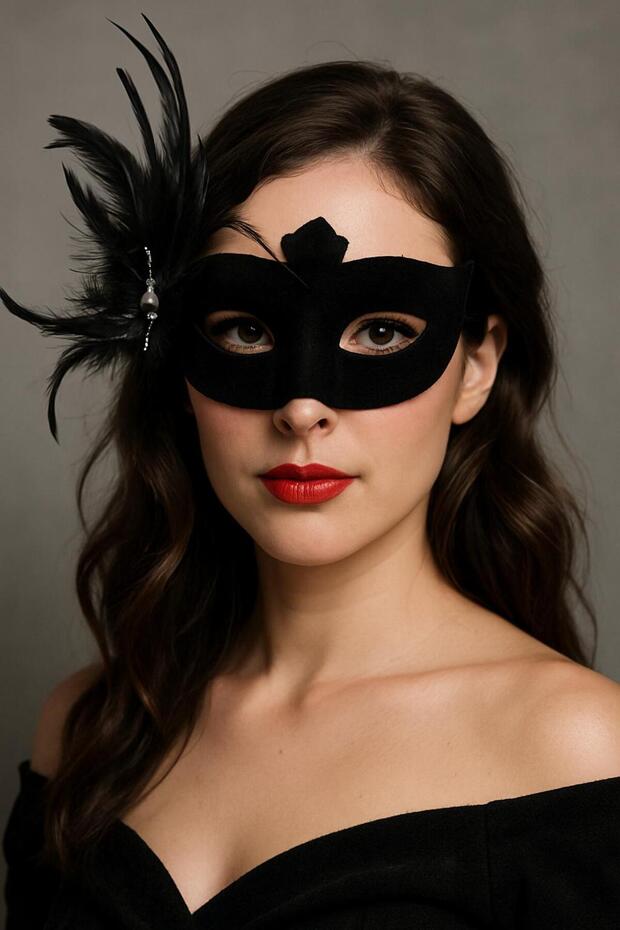 Black Color Side Feathered Suede Overlay White Pearls Party Mask