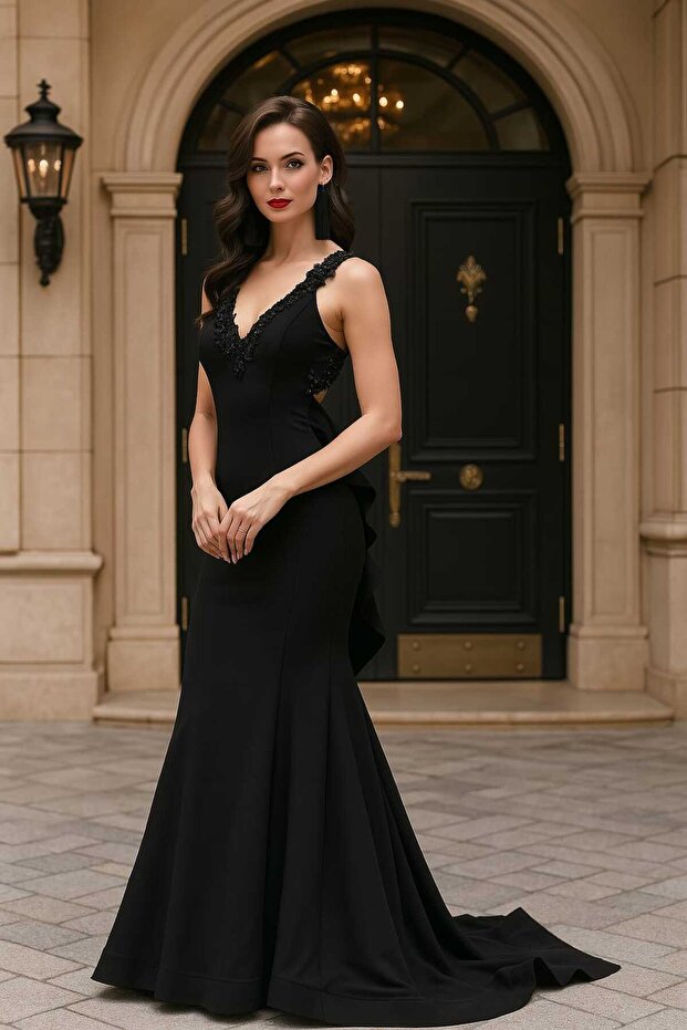 Black Evening Dress with Flower Detail 6419S