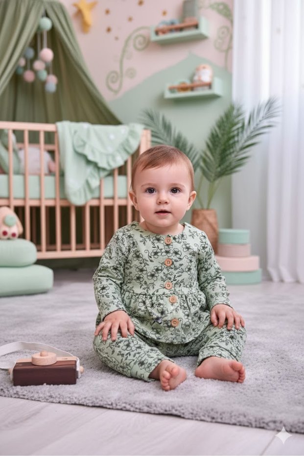 Premium Thessaloniki Knitted Velvet Fabric Floral Detailed 2-Piece Baby Girl Set