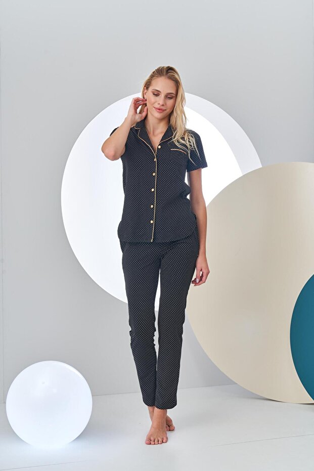 24213 Women's Polka Dot Front Buttoned Comfortable Cut Short Sleeve Seasonal Pajama Set