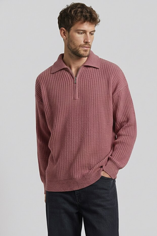 سترة بياقة بولو كبيرة الحجم بنصف سحاب - 1