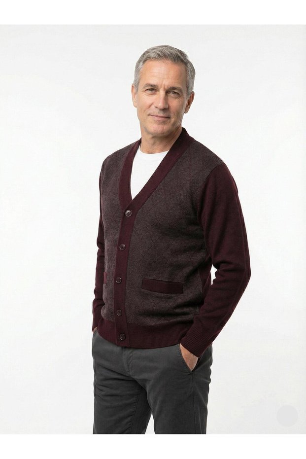 Men's Middle-Aged and Older Knitwear Knitted Acrylic Winter Dad Cardigan 2057-Burgundy