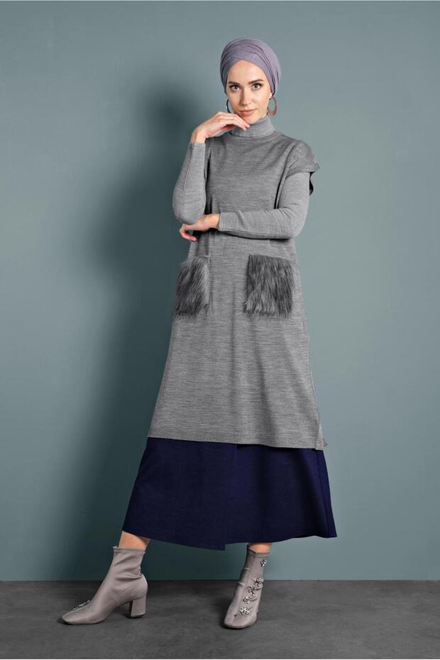 Feathered Knitting Tunic with Pockets 40021