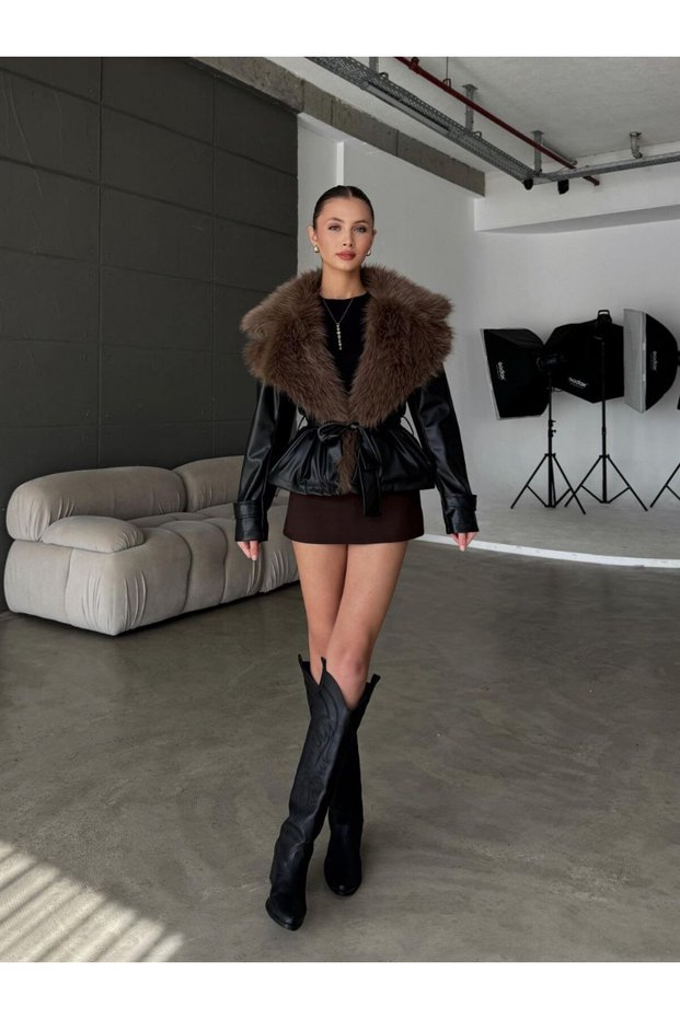 Women's Leather Jacket with Fur Collar and Belt at the Waist