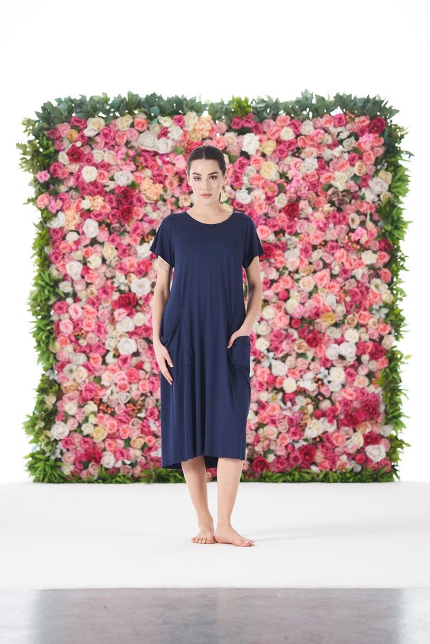 25234 Women's Round Neck Loose Pocket Short Sleeve Dress