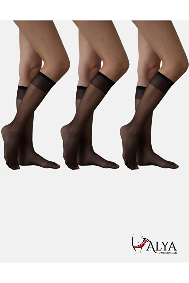 Women's Shiny Knee High Socks 15 Denier, Slim Fit, Black 3-Pack