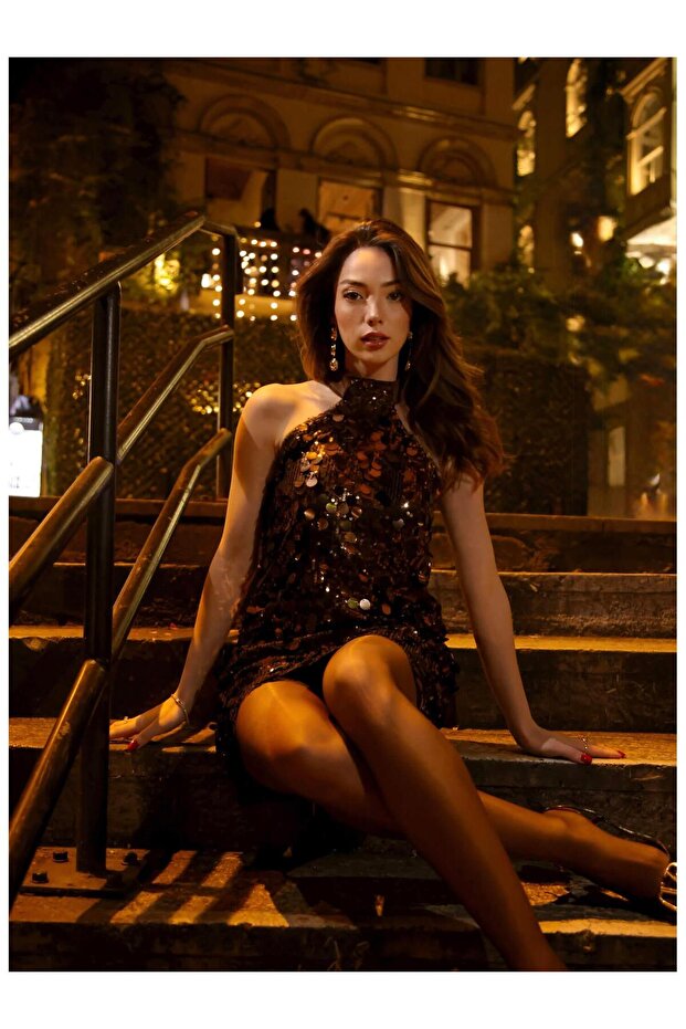 111653 Pullu Payet Mini Elbise Kahve - 4